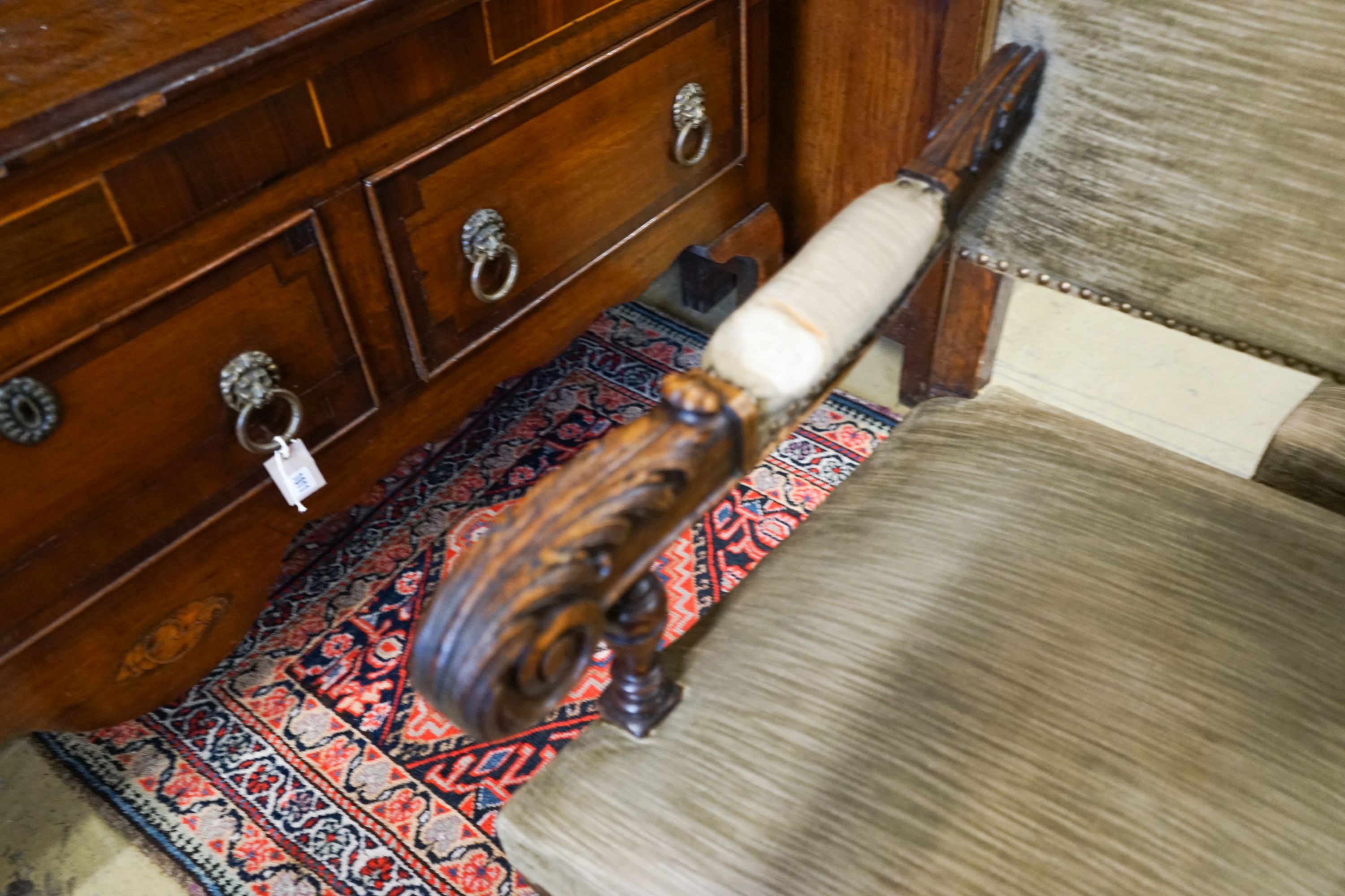 A 19th century Dutch rectangular oak extending dining table, 220cm extended, width 94cm, height 76cm on four carved bulbous supports (two additional leaves) and a set of five dining chairs